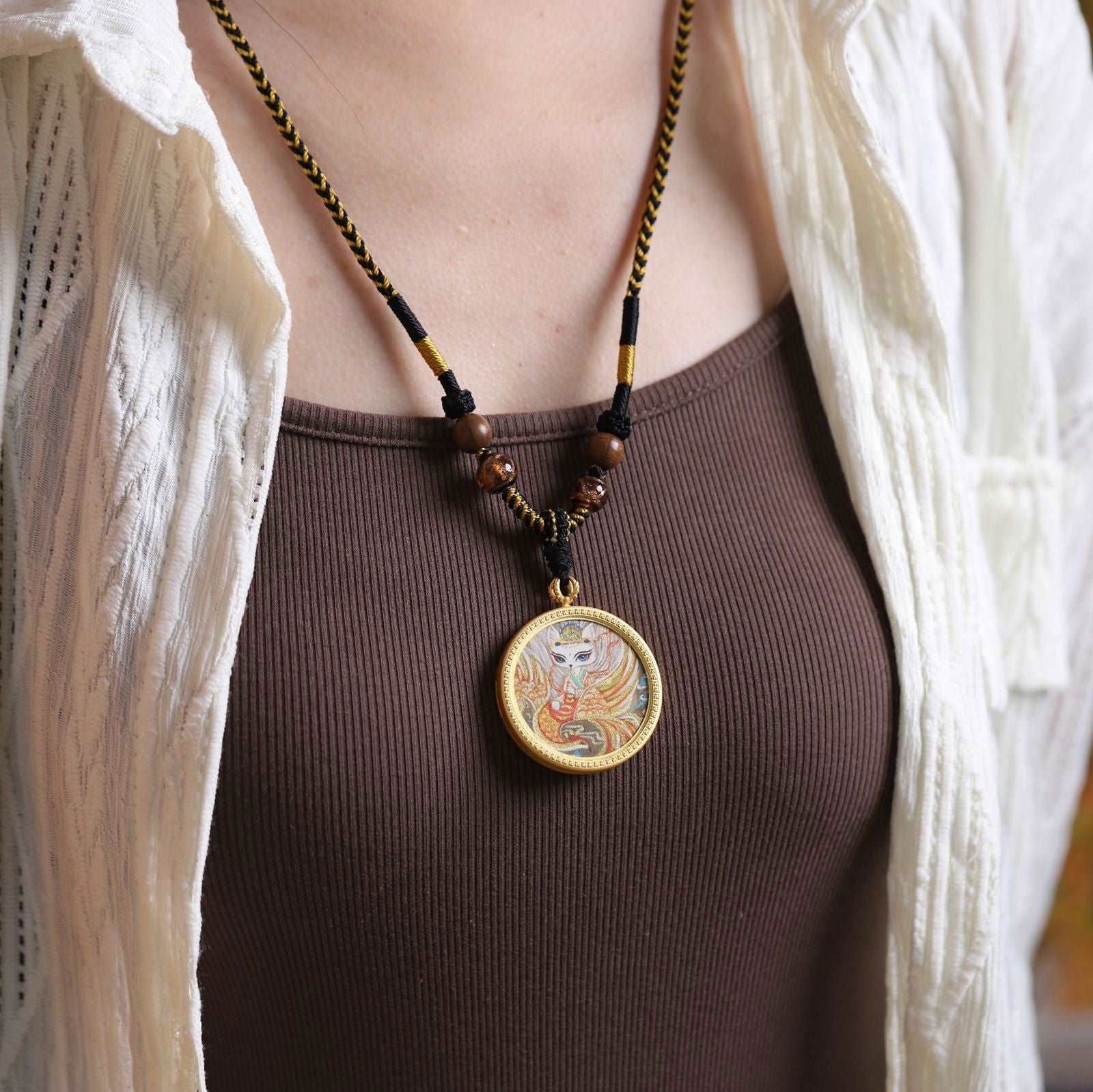 Thankg Buddha Love and Prosperity Fox Fairy Circular Thangka - Image 3