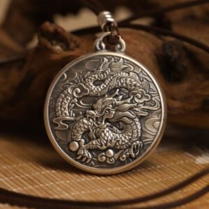 Thangka Buddha Silver Dragon Circle Pendant - Symbol of Power and Prosperity